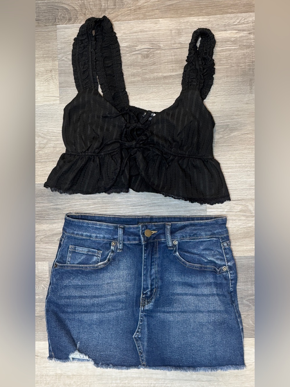 Fashion Nova Black Ruffled Tie-Front Crop Top & Denim Jean Skirt